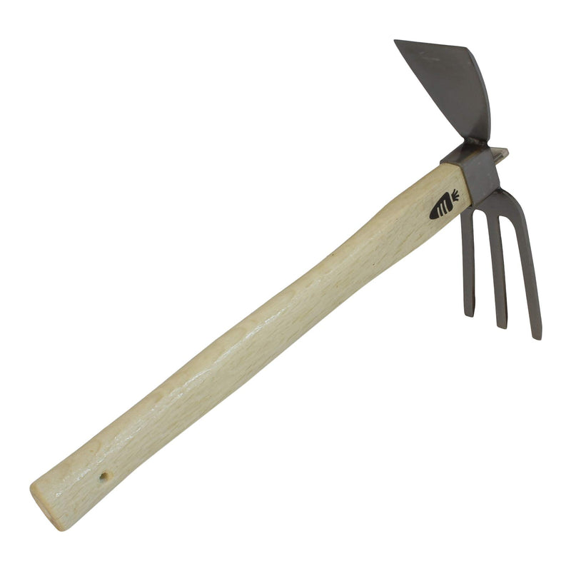 Carrot Design Stainless Japanese Style Garden Hoe and Cultivator Dual Headed Weeding Tool - 3 Prongs Combo Garden Tools with Wood Handle