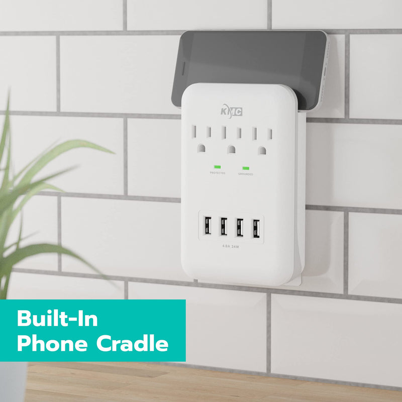 KMC 3-Outlet Wall Mount Surge Protector, 900 Joules, 4 USB 4.8 AMP USB Charging Ports, Phone Holder Cradle for Home, School or Office, ETL Certified (2 Pack) 2 PACK