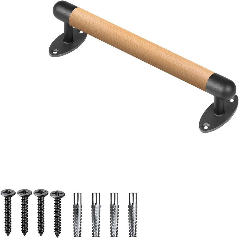 SELEWARE 16 Inch Wood Handrail Indoor Stairs Handrail Wall Mount Handrail w/Sturdy Metal Barckets, Barrier-Free Staircase Grab Bar for Elderly, 1.3 Inch Round A: 16" (Wood Handle+Black Metal Brackets)