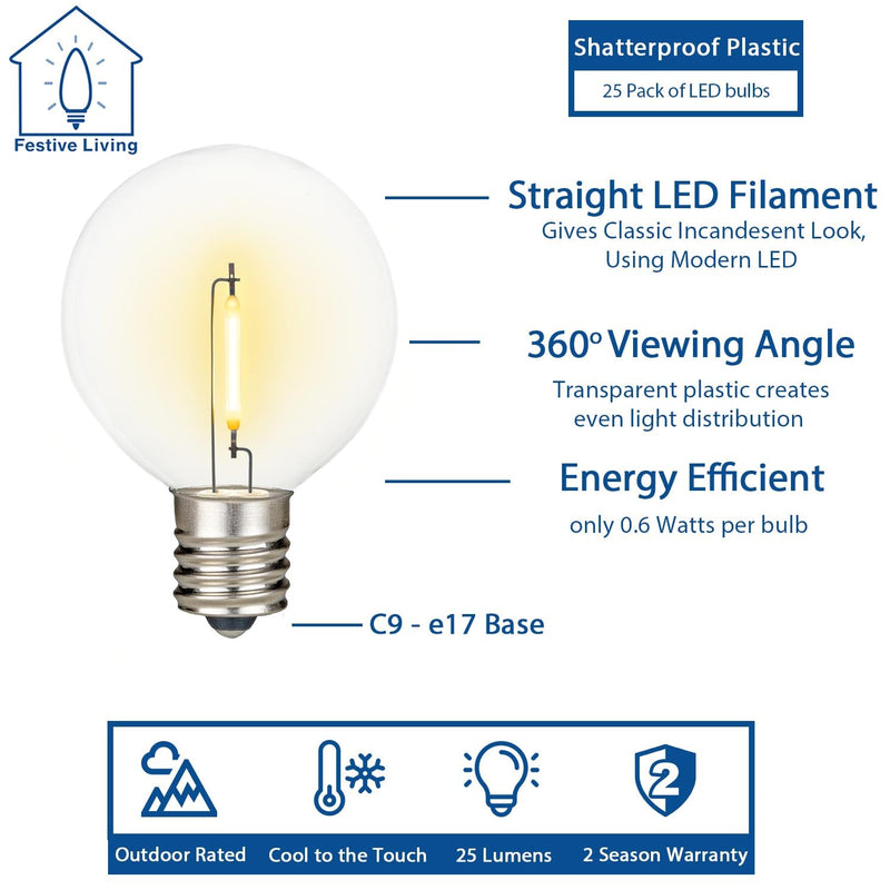 25 Pack G50 Warm White LED Replacement Bulbs – Shatterproof Plastic Filament Bulbs for C9/E17 Sockets, Energy Efficient 0.6W, Indoor/Outdoor Use, 3500 Hour Life