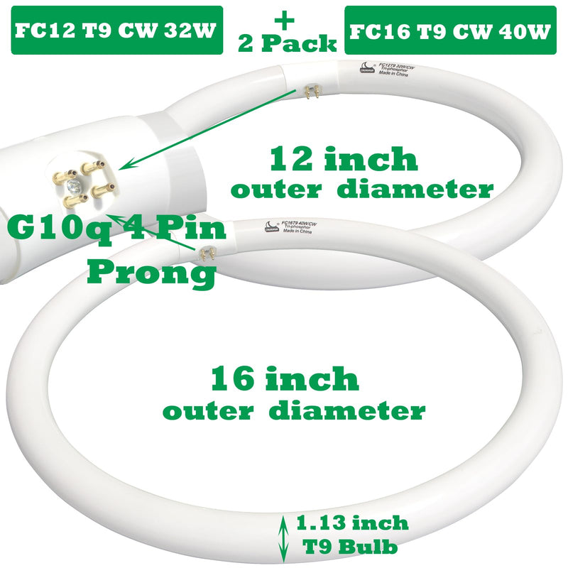 FC16T9/CW 40W and FC12T9/CW 32W Cool White Set, 16 inch T9 40 Watts Circular Bulb & 12 inch 32 Watts Round Fluorescent Light Bulbs, Circline Kitchen and Bath Light Bulb, 4100K, G10q 4 pin Prong