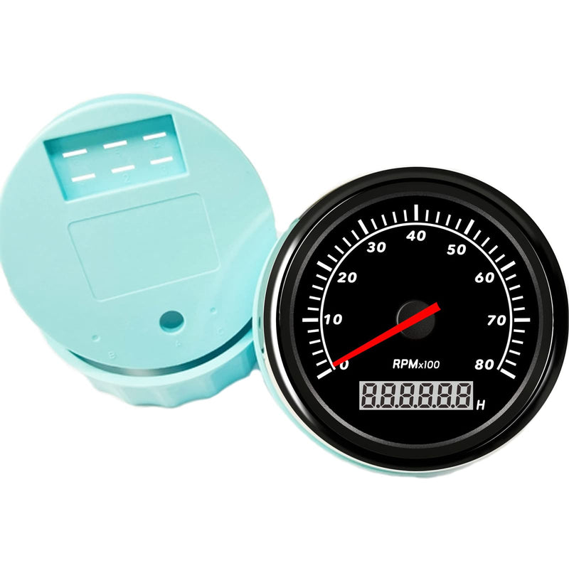 Universal Marine Tachometer Gauge Outboard Waterproof 85mm 0-8000 RPM with Red Backlight Hour Meter for Boat Car Motorcycle 12V/24V Black