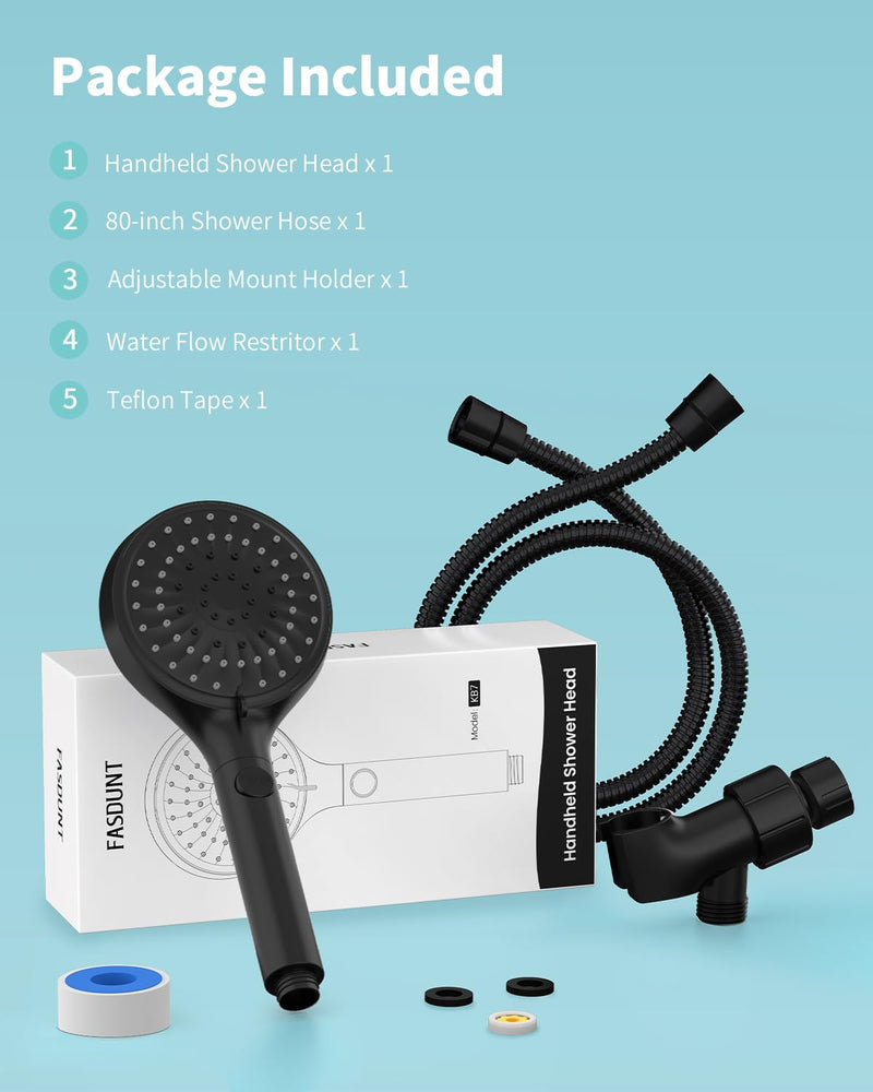 FASDUNT Shower Head with Handheld, High Pressure Handheld Shower Head with 80" Extra Long Stainless Steel Hose & Adjustable Bracket, Showerhead with ON/OFF Switch, Black 6 Spray-Settings Matte Black