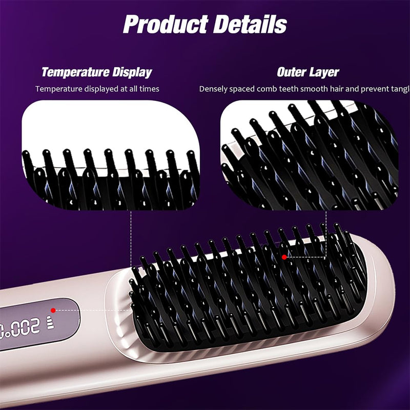 GlowWave Heated Brush, 2026 Cordless Hair Straightener Brush, 3 Heat Settings & LED Screen Glowcept Heated Brush, Portable & Rechargeable Heated Styling Brushes for Travel & Everyday Use (Purple)