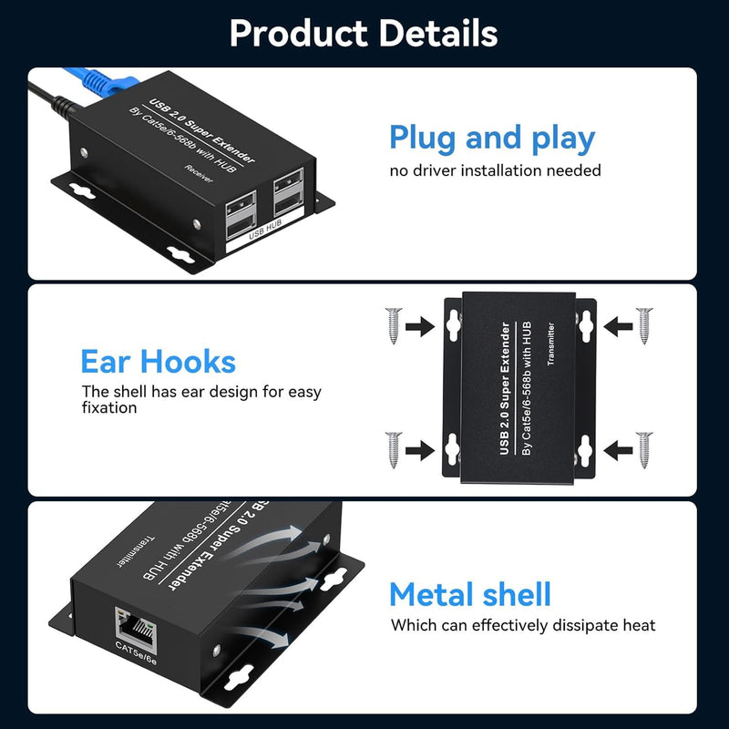 USB Extender Over Ethernet USB 2.0 HUB RJ45 Cat5e/6, 196ft/60m, up to 480Mbps Transfer Rate No Driver Required Supports POC Power Supply, Supports Connecting Keyboard Mouse U Disk Printer etc. Black