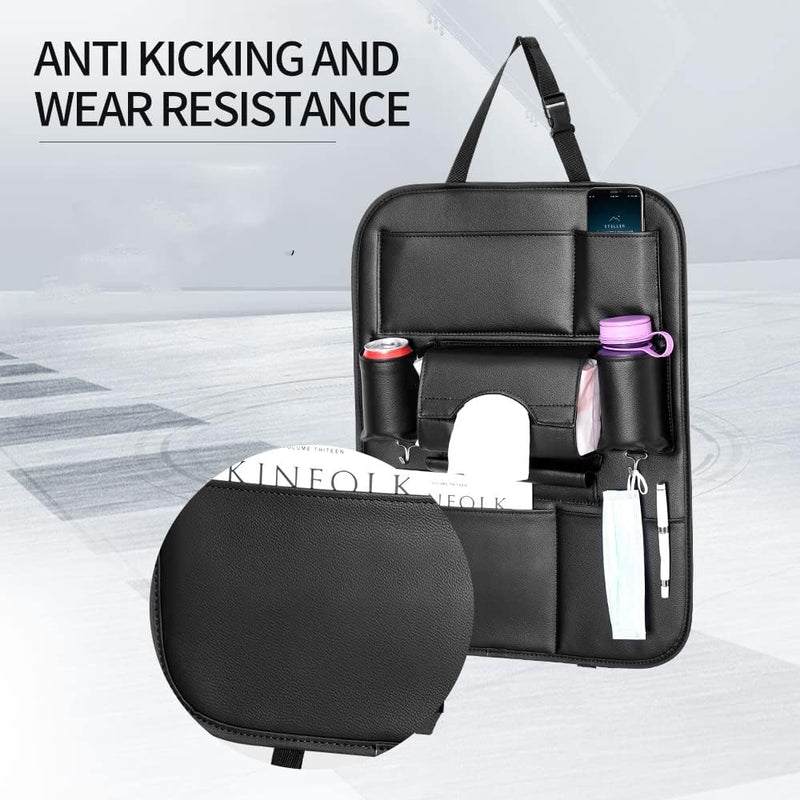 2 Pack PU Leather Premium Car SeatBack Organizer Travel Accessories Kick mats Back seat Protector and Cup Holder Holder Universal Use Seat Covers Black