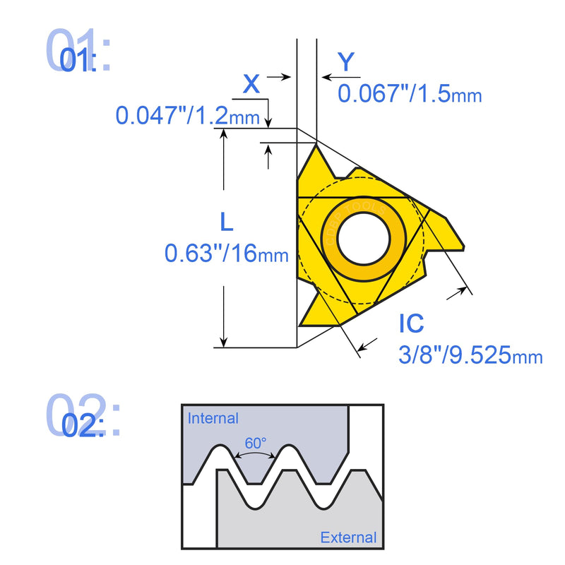 16ER AG60/16IR AG60 Standard Laydown Threading Insert, External Partial Profile 60 Degree Thread, 10 PCS 16ER AG60