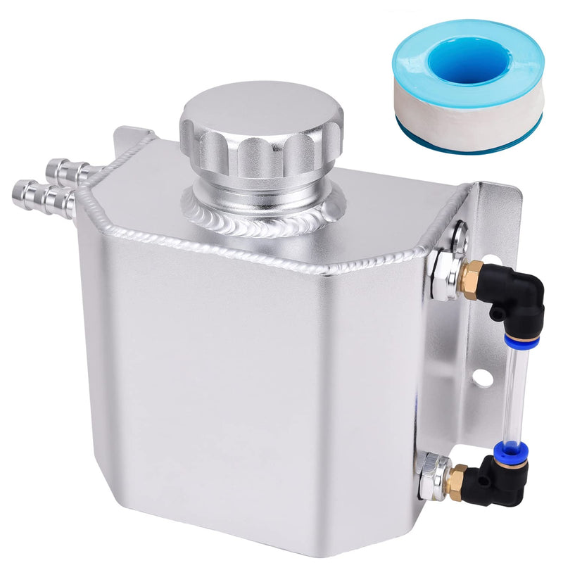 SPEEDWOW Coolant Overflow Tank, Aluminum Radiator Overflow Tank with Teflon Tape & O-ring Gasket, 1 L Universal Reservoir Expansion Tank (Silver) Silver