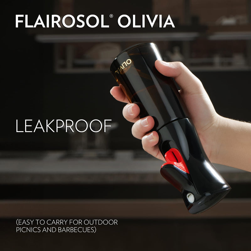 FLAIROSOL OLIVIA Oil Sprayer for Cooking, 200ml Glass Olive Oil Sprayer, Continuous Cooking Spray Dispenser with Portion Control for Kitchen, Air Fryer, Salad, BBQ (Black Bottle, Gold Print) 1 Pack Black