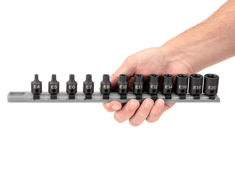 TEKTON 3/8 Inch Drive External Star Impact Socket Set with Rail, 12-Piece (E4-E20) | SID91116 12-Piece Set (E4 - E20)