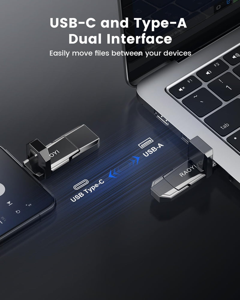 RAOYI 256GB USB C External SSD, 2-in-1 Solid State Drive Up to 450MB/s Dual USB 3.2 + Type-C Thumb Drive Portable SSD Drive for iPhone 15/16, Android, Tablet, PC and PS4 Gray