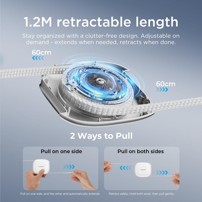 Lenovo 240W USB-C Retractable Cable, PD Fast Charging USB-C to USB-C, Smart Retractable Design, 1.2m (3.94 Ft), 480Mbps Data Transfer, Compact Portable Charger Cable for Laptop Tablet Phone, White