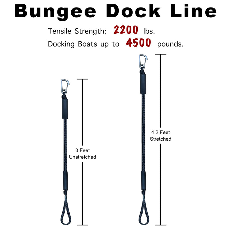 3 Feet Bungee Dock Line Boat Ropes for Docking Line Mooring Rope with Stainless Steel Clip Accessories for Boats 2pcs (Black, 3 Feet)