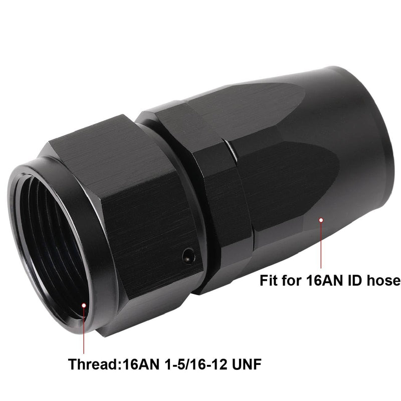 16AN Straight Hose End Fitting Swivel Aluminum Black 16AN Straight, Black