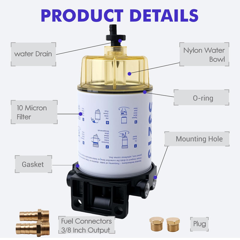 S3213 Fuel Water Separator Marine Kit Compatible with Yamaha and for Mercury Marine Outboard Motor with 3/8" Barb x 1/4" NPT Brass Fittings Replaces B32013, 35-60494-1, 18-7932-1, 18-17928, 35-809097