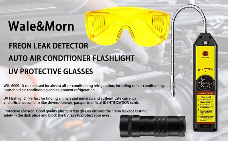 Wale&Morn Refrigerant Leak Detector kit for AC Leak Detection, Halogen Gas Detector, HAVC freon Leak Detector Tools with UV Flashlight and UV Glasses for detect R134a, R22, R12, R410a, etc WJL-6000+UV