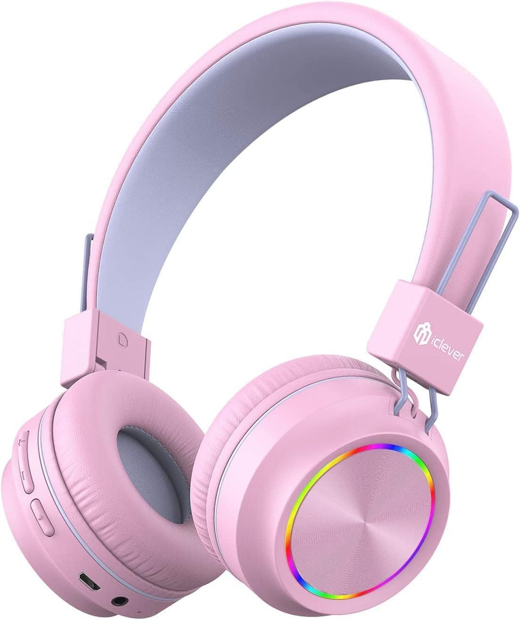 iClever Kids Bluetooth Headphones LED Light Up with Safe Volume, 25H Playtime, Stereo Sound Mic, Bluetooth 5.0, Foldable, On Ear Kids Wireless Headphones for Tablet/Airplane/Travel (Light Pink) Light Pink