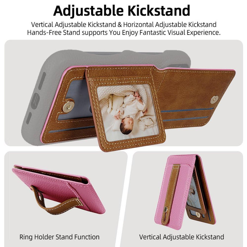 phone wallet stick on, PU Leather Wallet Stand, Mini Wallet | Holds 4 cards with photo window, grip strap, mini mirror and adjustable kickstand for phones cases, Pink
