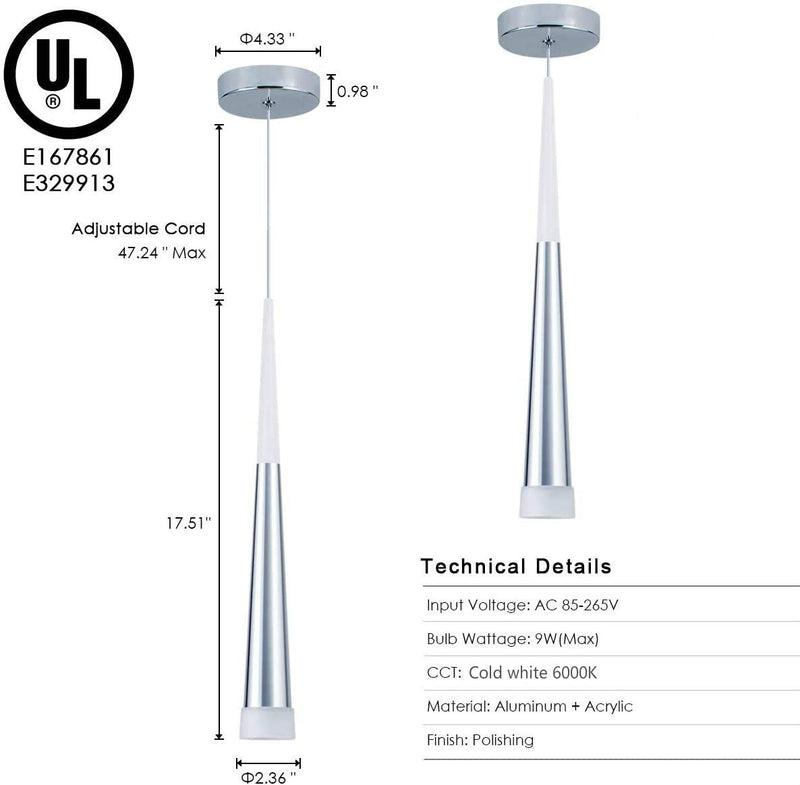 Modern Mini Island Pendant Light with Acrylic Shade LED Cone Contemporary Pendant Lighting for Kitchen Island Dining Room Living Room Bar 9W Cool White 6000K Aluminum Chrome 6000K