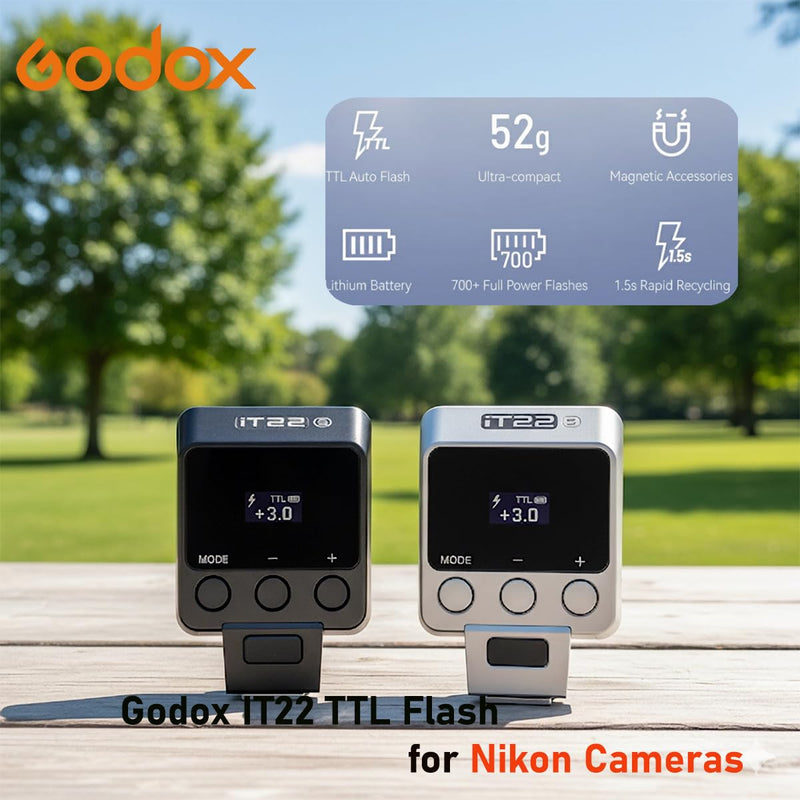 Godox iT22N TTL Mini Flash for Nikon Cameras, Compact On-Camera Speedlite | 700+ Flashes, 1.5s Recycle, 1/32–1/1 Output with 1/3 Stop Adjustment, USB-C Charging, Hot Shoe Trigger, Spreader and Filters IT22N for Nikon