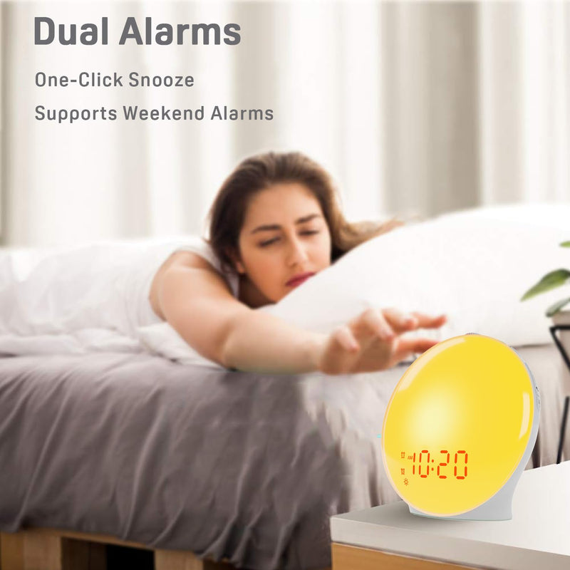 Wake Up Light Sunrise Alarm Clock for Kids, Heavy Sleepers, Bedroom, with Sunrise Simulation, Sleep Aid, Dual Alarms, FM Radio, Snooze, Nightlight, Daylight, 7 Colors, 7 Natural Sounds, Ideal for Gift White