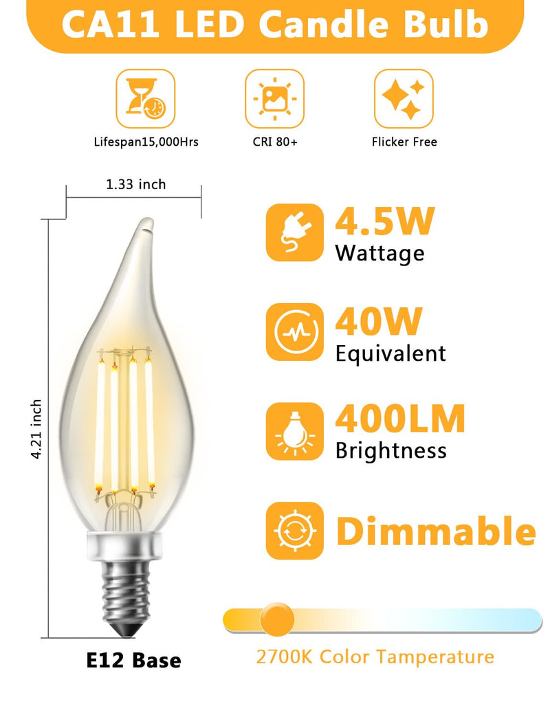 DAYBETTER Chandelier Light Bulbs, Candelabra Light Bulbs 40 Watt Equivalent E12 LED Bulb Dimmable, 2700K Soft Warm White, 4.5W 400LM, Flame Tip Vintage Candle Light Bulb, 24 Pack Warm White(2700k) 24Pack