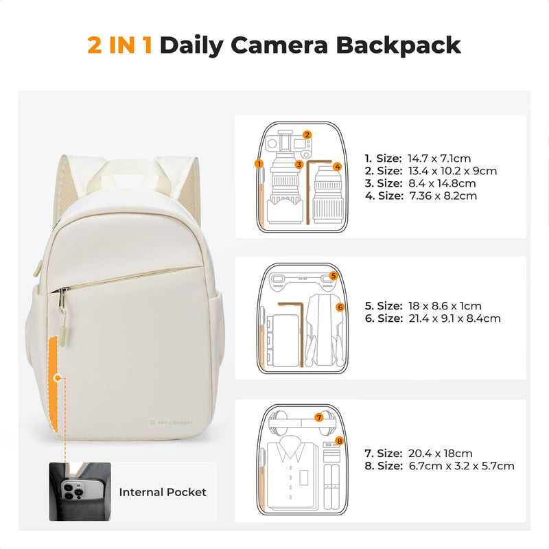 K&F CONCEPT Camera Backpack, Lightweight Compact Camera Bag 5L | Water-Resistant, Dividers, 9.7in Tablet Compartment, Quick Access, Street & Urban, Men & Women, for Canon/Nikon/Sony, Beige Beige-02 Backpack-5L