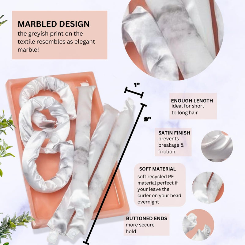 Kitsch 6pc Satin Pillow Rollers - Marble | Heatless Hair Curler, Heatless Curls Overnight, Flexible Curling Rod for Long & Short Hair, Flexi Rod Curlers to Sleep In 1 Count (Pack of 6)