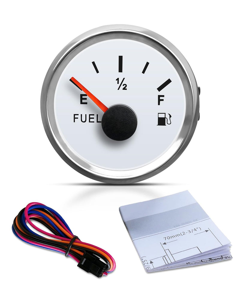 White 0-30 ohm Fuel Gauge Fit for Cars Motorcycles Ships Tractors Yachts, Fuel Level Gauge with LED Light and 52 mm Dial White