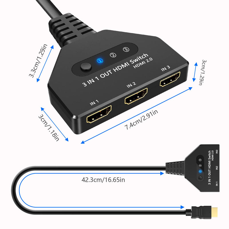 HDMI Switch 3 in 1 Out-HDCP 2.2, 4K@60hz 3 Way hdmi Splitter Supports Full 1080P 3D Compatible with Roku Fire TV Stick HDTV PS4/PS5 Xbox One Chromecast, Compatible with Mac/Win/Linux