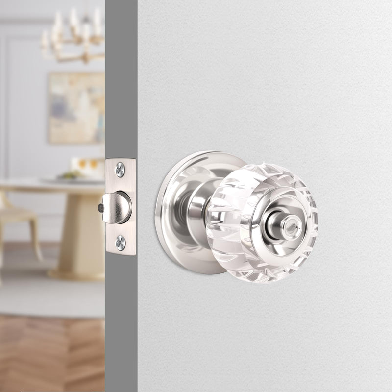 Crystal Door Knobs with Lock and Keys, Keyed Entry Glass Door Knobs, Exterior and Interior Door Lock with Keys, Clear Diamond Door Knob for Bedroom Bathroom, Stain Nickel, 1 Pack