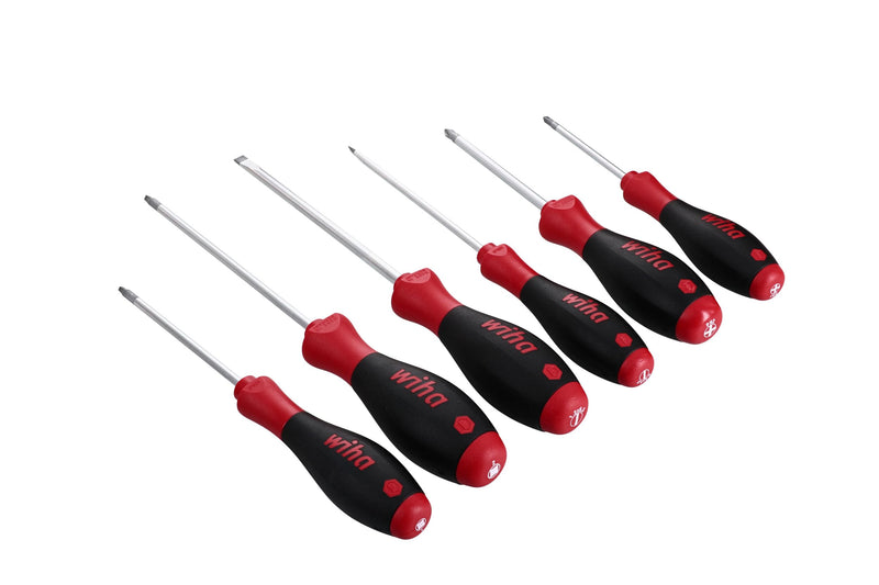 Wiha 30291 SoftFinish Grip ScrewDriver Set, Slotted 4.5-6.5mm, Phillips Number 1-2 and Square Number 1-2, 6-Piece Set 6 Pieces