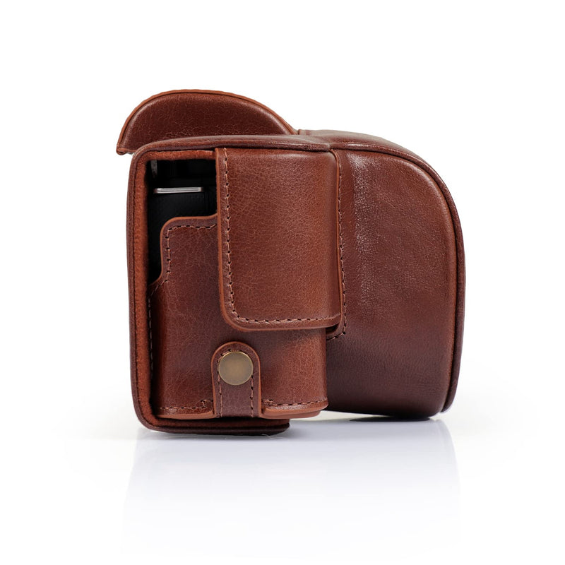 MegaGear MG2006 Ever Ready Genuine Leather Camera Case Compatible with Sony ZV-E10, Full Body Protection Lens Cover Bag with Shoulder Strap, Brown