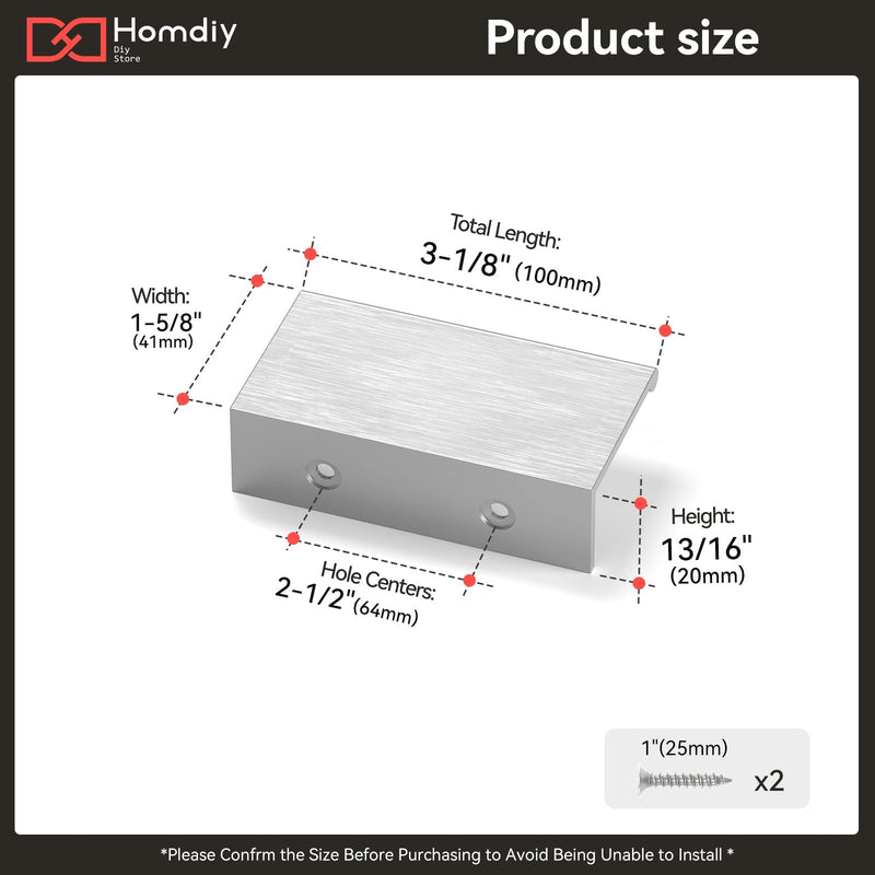 homdiy 10 Pack 2-1/2inch(64mm) Brushed Nickel Edge Finger Pulls Cabinet Handles for Kitchen Cabinets Drawers Dresser Concealed Mount Flat Hardware Aluminum Alloy 5 Inch 2-1/2in Hole Centers