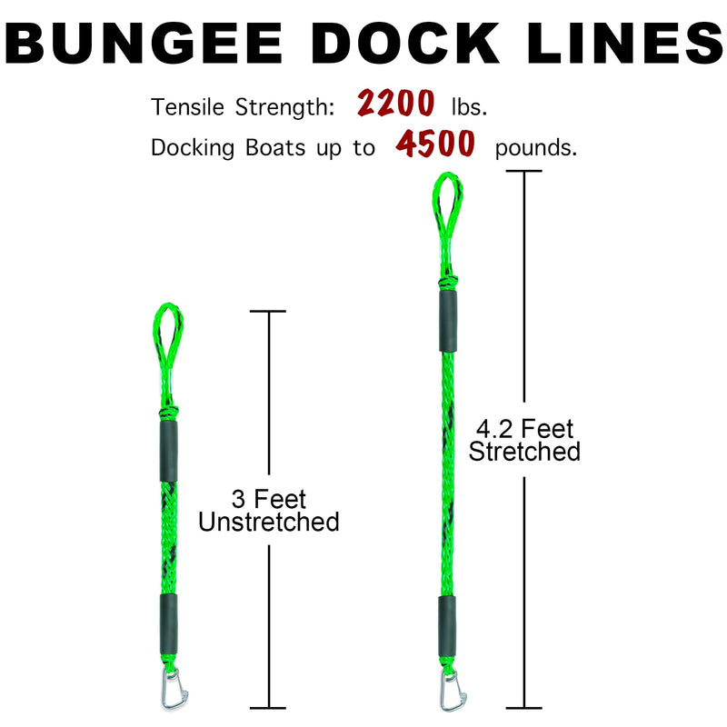 3 Feet Bungee Dock Line Boat Ropes for Docking Line Mooring Rope with Stainless Steel Clip Accessories for Boats 2pcs (Green&Black, 3 Feet) Green&Black