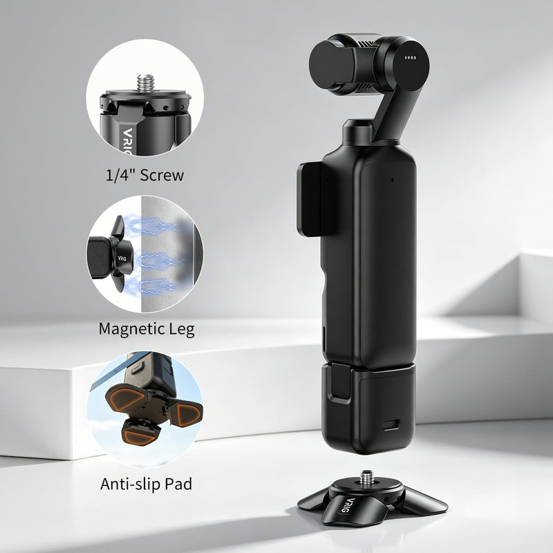VRIG Magnetic Mini Tripod for DJI OSMO Pocket 4P/4/3 & Insta360 Luna Ultra | Auto-Deploy Aluminum Small Desktop Camera Stand with 1/4" Screw for Insta360 X5/X4,Travel Vlog Action Camera Accessories