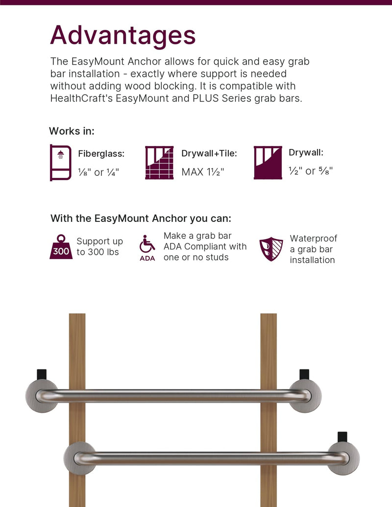HEALTHCRAFT Easy Mount Hollow Wall Anchor - Install on Drywall, Tile & Fiberglass (No Stud Required) - Works ONLY with HealthCraft's PLUS Series & Easy Mount Grab Bars Easy Mount Anchor Install on Drywall, Tile & Fibreglass
