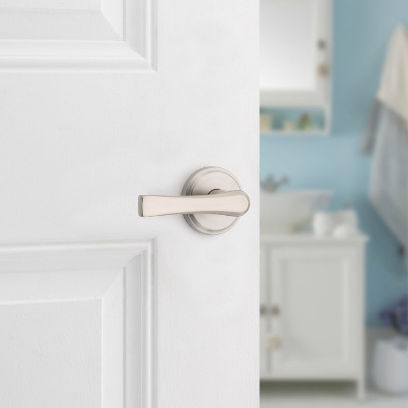 Kwikset Katella Interior Privacy Door Handle with Lock, Door Lever For Bathroom and Bedroom, Satin Nickel Reversible Keyless Push Button Lock Door Lever, with Microban Protection