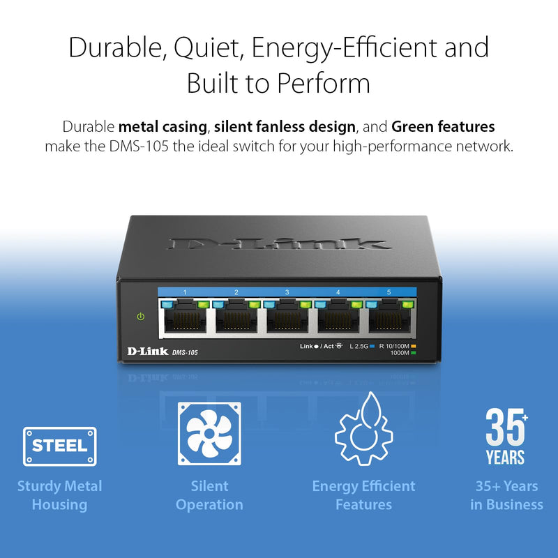 D-Link 5-Port 2.5GB Unmanaged Gaming Switch with 5 x 2.5G - Multi-Gig, Network, Fanless, Plug & Play (DMS-105),Black 5 x 2.5G Port Multi-Gig Switch