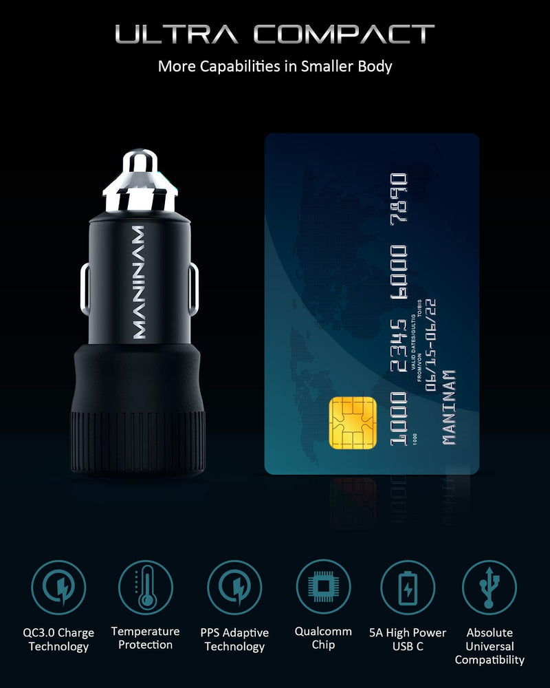MANINAM All-Metal 73W Super Fast USB-C Car Charger M113 – PPS PD 3.0 Dual-Port Fast Charger 55W+18W for Samsung S24 S23 S22 Note 10 Plus iPhone 15 14 MacBook Laptop – No Cable, US Brand Warranty
