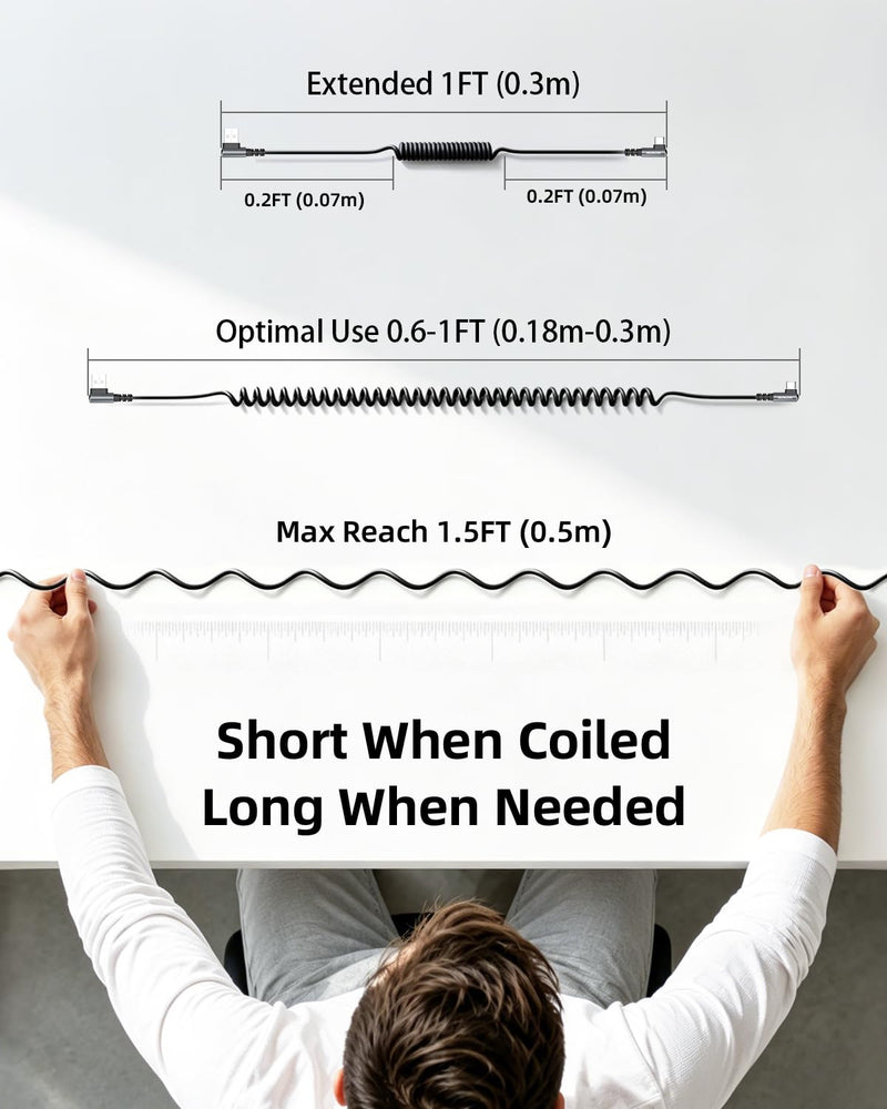 Short Right Angle Coiled USB A to USB C Cable 0.6ft-1ft 2 Pack, for Car | Stretchable USB C 90 Degree Cable, 3A Fast Charging, For CarPlay, Android Auto, iPhone 17 16, Power Bank, USB-C Devices Black 1FT