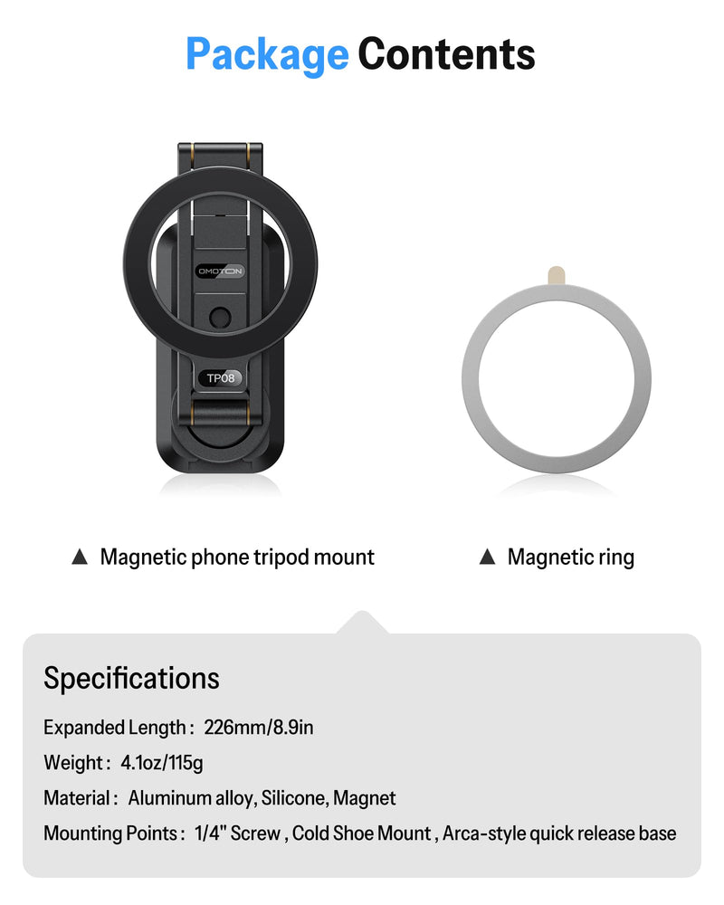 OMOTON Magnetic Phone Mount for Tripod Camera with Arca Base Cold Shoe 1/4" | Aluminum 360° Adjustable, Detachable Base with Magnet for Steel Surface for Gym Golf Cart Video Recording, for iPhone Android