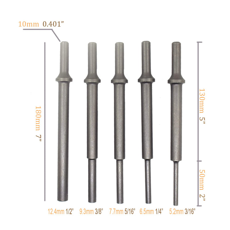 7" (177mm) Extra Long .401" Air Hammer Drift Punch Set 3/16" to 1/2" Punches Bits Compatible with ATD-5736