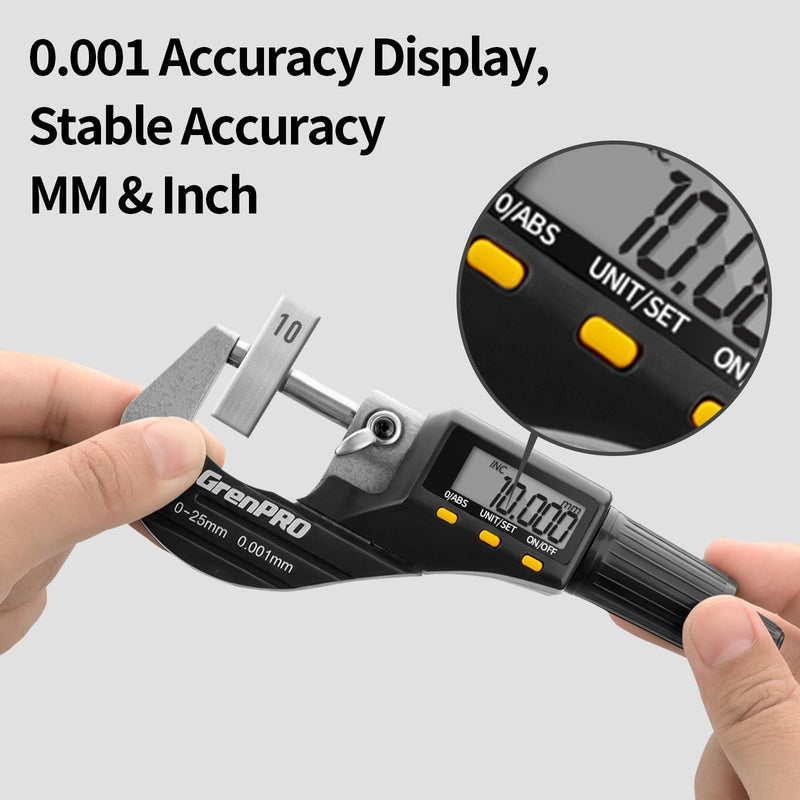 Digital Micrometer Measuring Tool, Professional Inch/Metric Precision Thickness Gauge with Extra Battery, DIY and Household Use 0.00005"/0.001 mm Accuracy Micrometers Machinist Tools 0-25mm