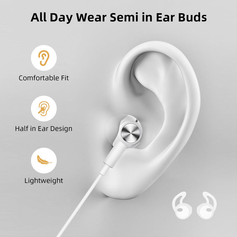 iMangoo USB Earbuds with Microphone for PC Laptop 7.5ft Cord Headphones | Wired USB A Semi In Ear Buds Headset for School Students Home Office Gaming Corded Earphones for Discord Zoom Skype Laptop White