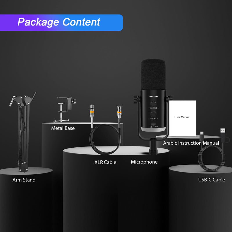 XLR USB Dynamic Microphone with RGB Light, Volume Control, Mute Button, Echo Function, Headphone Monitoring Jack. Compatible with Mixers, Sound Cards, MAC, PC Black