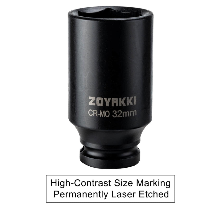 1/2" Drive x 32 mm Deep 6 PT Impact Socket, CR-MO,1/2-inch Drive 6 Point Axle Nut Socket for Easy Removal of Axle Shaft Nuts (Metric 32MM) 1/2" Drive Deep