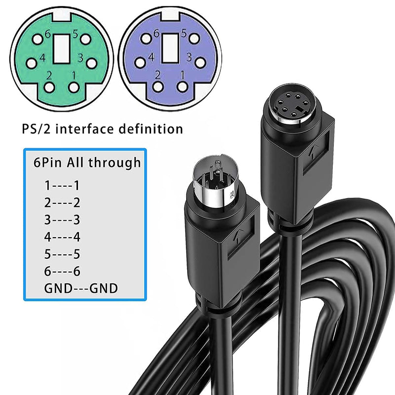 Copper Wires PS/2 Extension Cable, Mini Din 6pin Male to Female Cable for Computer PC Keyboard/Mouse/KVM & More 6ft（ M/F 2M）