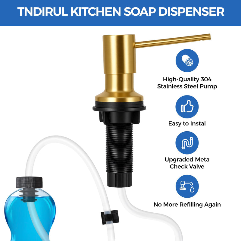 Brushed Gold Soap Dispenser for Kitchen Sink, Built in Soap Dispensers, Stainless Steel Sink Soap Dispenser or Lotion Dispenser Pump with 47" Extension Tube Kit, Upgraded Metal Check Valve Brushed Gold