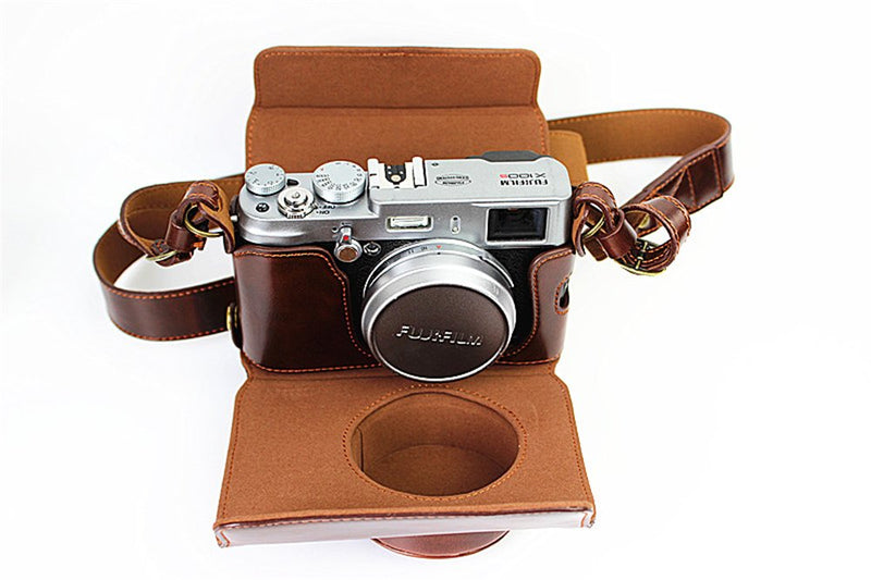 X100 Case, BolinUS Handmade PU Leather Fullbody Camera Case Bag Cover for Fujifilm Fuji X100 X100S X100T Bottom Opening Version + Neck Strap -Coffee Multi-Colored